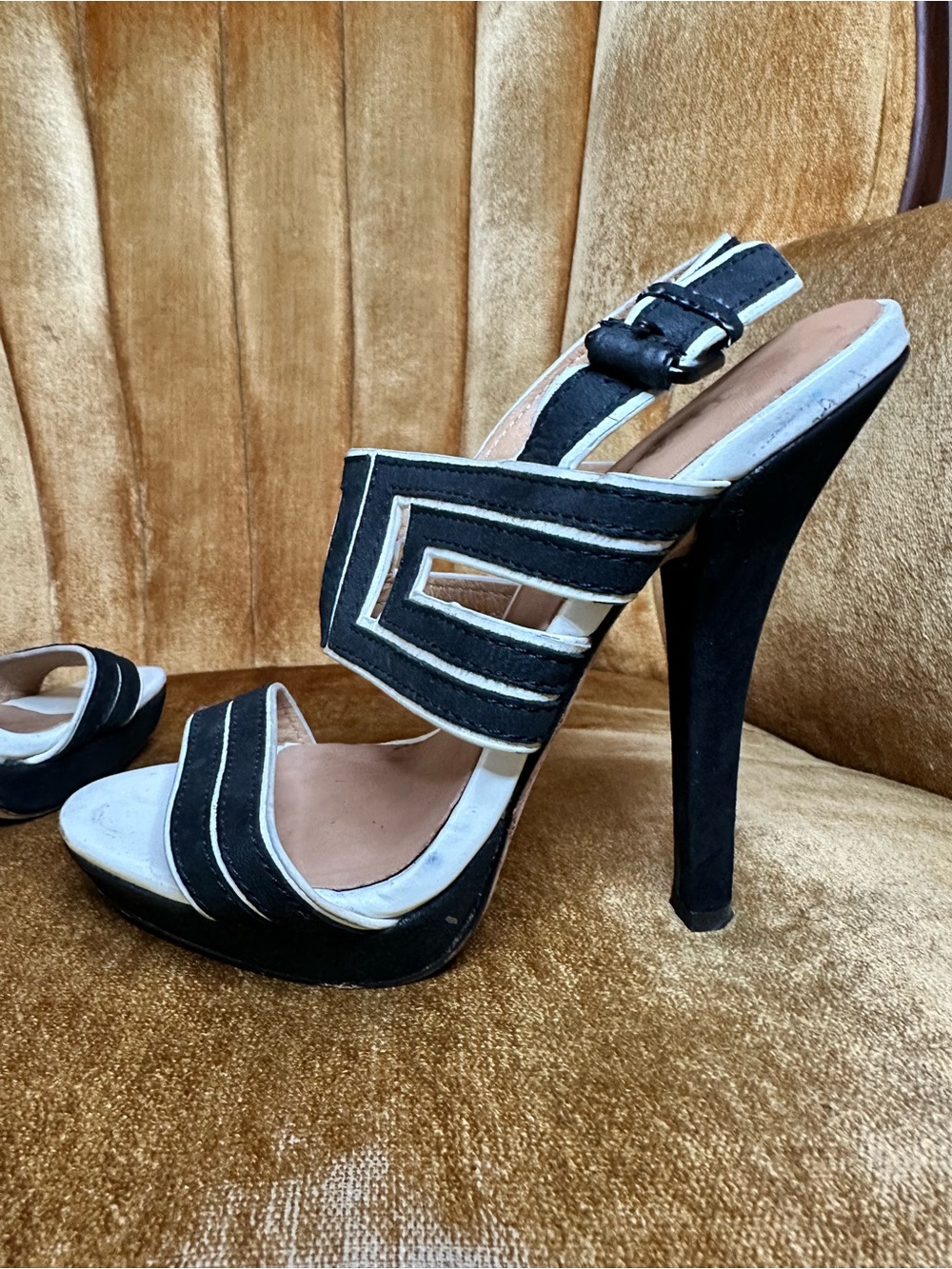 L.A.M.B. Black and White Geometric Strap Platform Heels Vintage